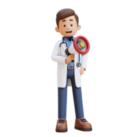 3d médecin personnage en portant mégaphone. adapté pour médical contenu png