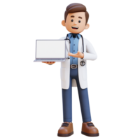 3d médecin personnage en présentant sur vide ordinateur filtrer. adapté pour médical contenu png