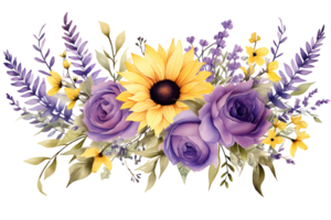 ai généré aquarelle illustration tournesol et lavande fleurs floral bouquet, frontière, couronne pour rustique mariage png