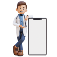 3d médico personaje presentación y acostado en grande vacío teléfono pantalla. adecuado para médico contenido png