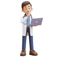 3d dokter karakter denken terwijl werken Aan een laptop. geschikt voor medisch inhoud png