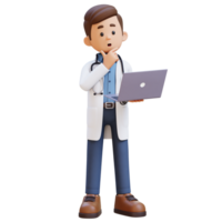 3d médecin personnage en pensant tandis que travail sur une portable. adapté pour médical contenu png