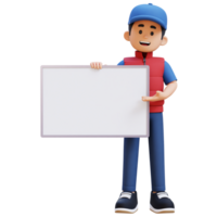 3D Delivery Man Character Presenting on Blank Placard png