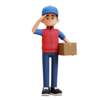 3D Delivery Man Character Salute Pose with Parcel Box png