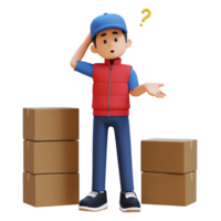 3d Lieferung Mann Charakter verwirrt und Denken Pose mit Paket Box png