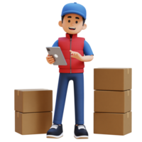 3D Delivery Man Character working on Tablet with Parcel Box png