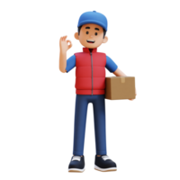 3d Lieferung Mann Charakter mit in Ordnung Zeichen Hand Pose mit Paket Box png