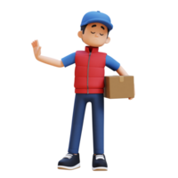 3D Delivery Man Character in Stop Refusal Pose with Parcel Box png