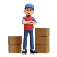 3D Delivery Man Character Crossed Arms Pose with Parcel Box png