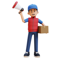 3D Delivery Man Character Holding Megaphone with Parcel Box png