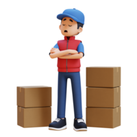 3D Delivery Man Character in Denial or Dissatisfaction Pose with Parcel Box png
