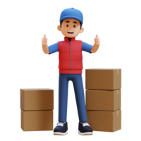 3D Delivery Man Character Giving Thumbs Up Pose with Parcel Box png