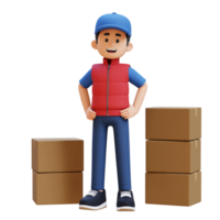 3D Delivery Man Character Standing with Hand on Hip with Parcel Box png