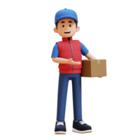 3D Delivery Man Character Presenting to the Left Pose with Parcel Box png