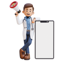 3D Doctor Character Holding Megaphone and Lying on Big Empty Phone Screen. Suitable for Medical content png