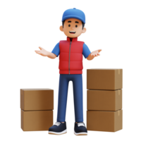 3D Delivery Man Character Communication Pose with Parcel Box png