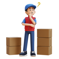 3D Delivery Man Character Confused and Thinking Pose with Parcel Box png