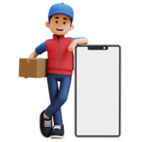 3D Delivery Man Character Lying on Large Empty Phone Screen and Carrying Parcel Box png