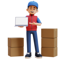 3D Delivery Man Character Presenting on Empty Laptop Screen with Parcel Box png