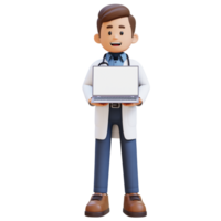 3D Doctor Character Holding Laptop with Empty Screen. Suitable for Medical content png