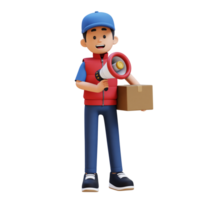 3D Delivery Man Character Holding Megaphone with Parcel Box png