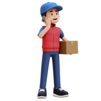 3D Delivery Man Character in a Phone Call with Parcel Box png