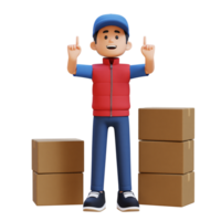 3d entrega hombre personaje señalando hacia arriba con paquete o empaquetar caja png