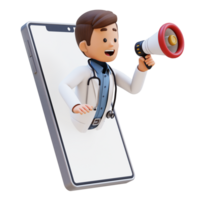 3D Doctor Character Jump from Phone Screen with Megaphone. Suitable for Medical content png