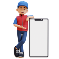 3D Delivery Man Character Presenting and Lying on Big Empty Phone Screen png