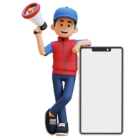 3D Delivery Man Character Holding Megaphone and Lying on Big Empty Phone Screen with Parcel Box png