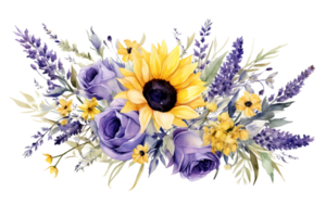 ai generiert Aquarell Illustration Sonnenblume und Lavendel Blumen Blumen- Strauß, Grenze, Kranz zum rustikal Hochzeit png