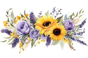 ai gerado aguarela ilustração girassol e lavanda flores floral ramalhete, fronteira, guirlanda para rústico Casamento png