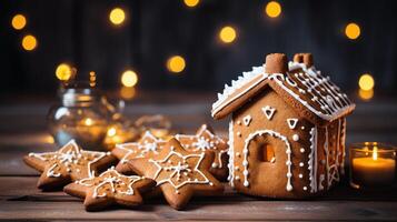 AI generated Gingerbread house and gingerbread cookies on blurred holiday background, Christmas concept photo