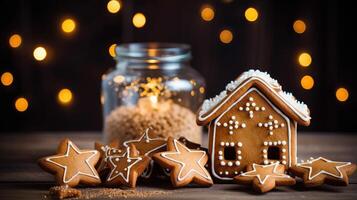 AI generated Gingerbread house and gingerbread cookies on blurred holiday background, Christmas concept photo