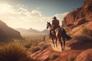 AI generated Lone cowboy horseback riding. Generate AI photo