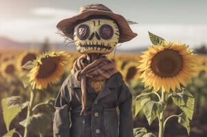 AI generated Scarecrow figure standing in sunflower summer field. Generate ai photo