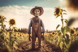 AI generated Scarecrow standing in sunflower field. Generate ai photo