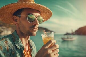 AI generated Tourist guy with hat drinking cocktail on seashore. Generate ai photo