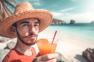 AI generated Tourist guy with hat holding exotic cocktail on beach. Generate ai photo