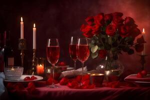 AI generated Valentines day romantic decorated table ambiance. Generate ai photo