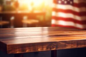 AI generated Bright wooden table with American flag. Generate ai photo