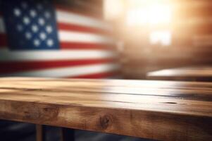 AI generated Wood table with American flag background. Generate ai photo