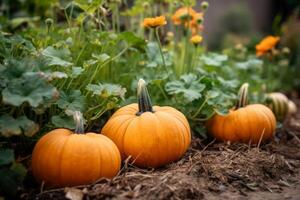 AI generated Pumpkins growing in farming garden. Generate ai photo