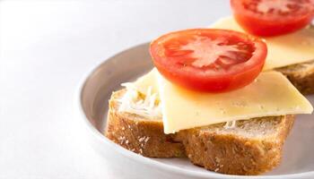 ai generado queso y tomate emparedado en un pan foto