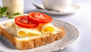 ai generado queso y tomate emparedado en un plato foto