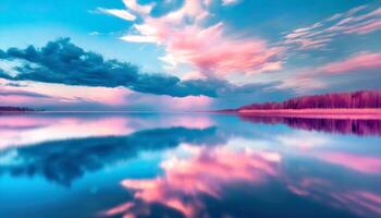 ai generado un hermosa puesta de sol terminado un lago con nubes reflejado en eso foto