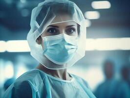 AI generated Female surgeon at work close-up. Woman career concept photo