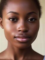 ai generado retrato de un joven negro mujer con piel detalles de cerca. natural belleza de un linda modelo. publicidad de productos cosméticos, perfumes foto