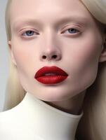 ai generado retrato de un joven hermosa albino mujer con rojo lápiz labial. natural belleza de cerca de un parte superior modelo con brillante sano piel. publicidad de productos cosméticos, perfumes foto