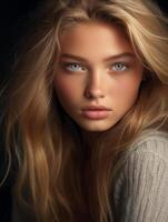 ai generado hermosa joven mujer con rubio pelo y azul ojos. natural belleza de cerca de un parte superior modelo con brillante sano piel foto
